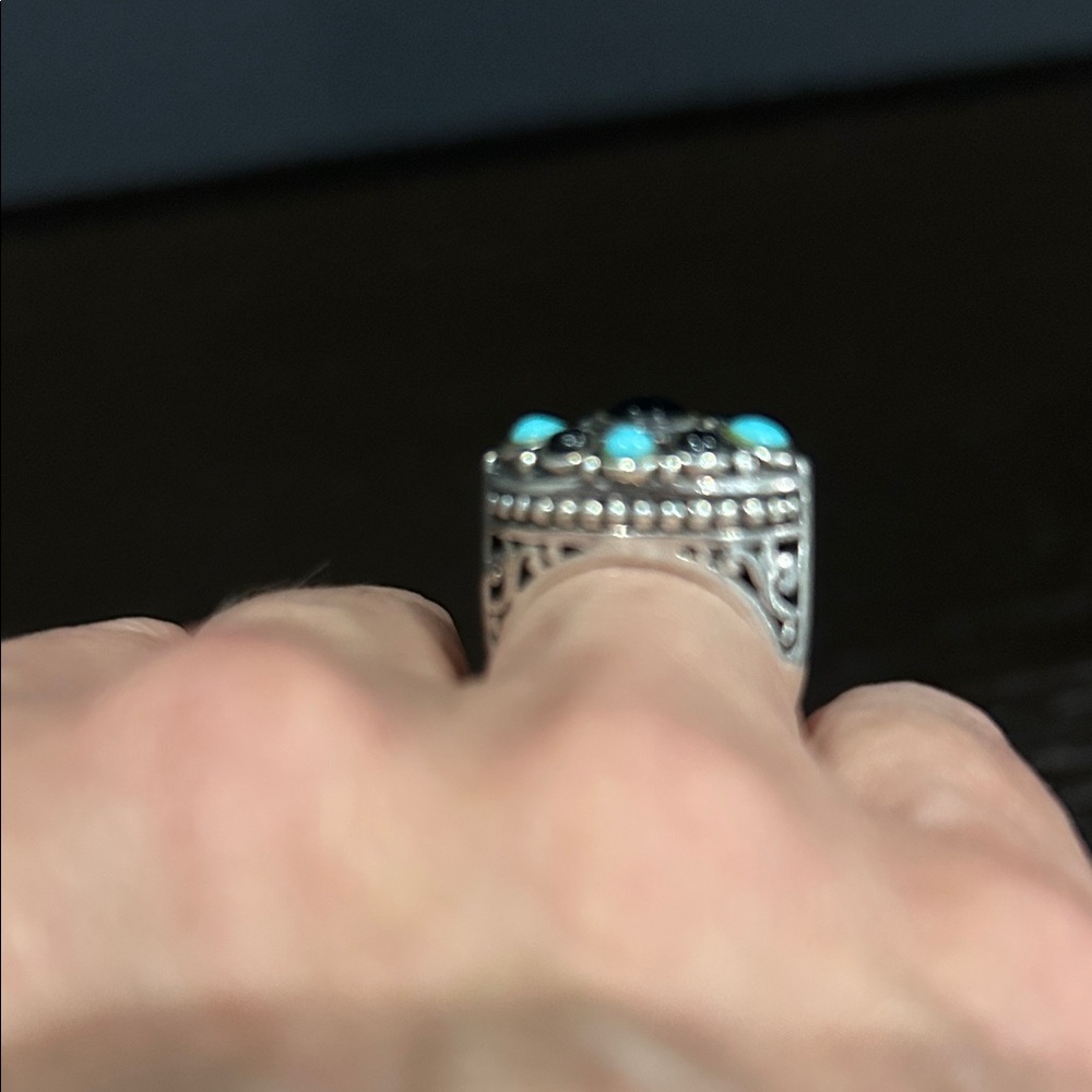 Sterling Silver Onyx and Turquoise Ring- Size 7 - Picture 3 of 5